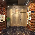 Warm Café Interior With Brick Wall Bookshelves Framed Paintings And Cozy Seating