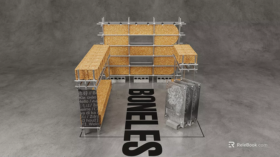 BONELES Themed Photo Check-in Spot With Scaffolding Wooden Frames And Display Panels 3d model 