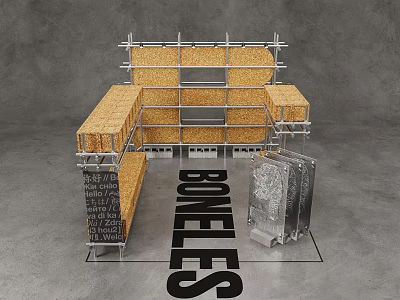 BONELES Themed Photo Check-in Spot With Scaffolding Wooden Frames And Display Panels 3d model