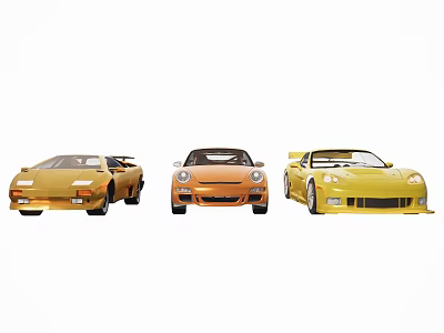 Three Stylish Yellow Sports Cars Parked Side By Side On White Background 3d model