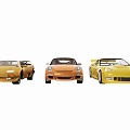 Three Stylish Yellow Sports Cars Parked Side By Side On White Background