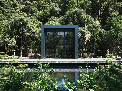 Modern Residential Landscape Featuring Glass House By Water And Forest 3d model