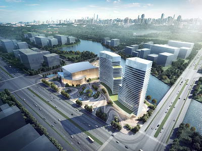 Modern Office Buildings In Urban Landscape With Water And Roads 3d model