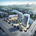 Modern Office Buildings In Urban Landscape With Water And Roads