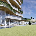 Modern High Rise Residential Towers With Swimming Pool And Greenery Under Blue Sky