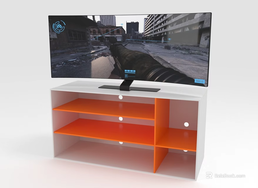 Curved TV Displaying Gaming Scene On White And Orange TV Stand 3d model 