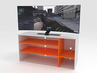 Curved TV Displaying Gaming Scene On White And Orange TV Stand 3d model