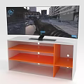 Curved TV Displaying Gaming Scene On White And Orange TV Stand