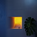 Gray Cubic Wall Lamp With Warm Yellow Light And Green Plant Leaves On Dark Background