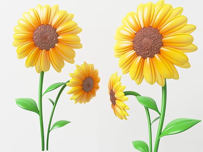 Decorative Sunflowers With Yellow Petals Brown Centers Green Stems And Leaves For Home Decor 3d model