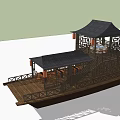 Traditional Wooden Boat With Pavilion Tables Chairs Railing On Water Surface