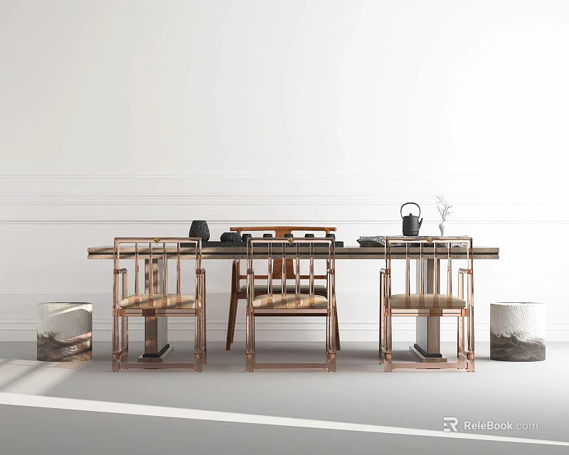 Modern Tea Table And Chairs With Teapot In Minimalist Room White Walls Gray Floor 3d model 