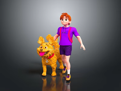 Smiling Boy In Purple Outfit Standing With Yellow Dog Creature Character 3d model