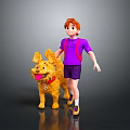 Smiling Boy In Purple Outfit Standing With Yellow Dog Creature Character