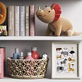 Cute Stuffed Toys On Nursery Shelf With Books Animal Posters And Wicker Baskets