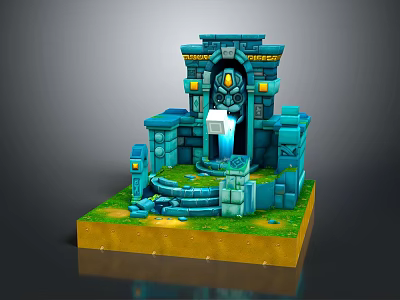 Cartoon Ancient Temple Entrance Scene With Blue Stone Structure Glowing Portal And Green Grass 3d model