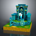 Cartoon Ancient Temple Entrance Scene With Blue Stone Structure Glowing Portal And Green Grass