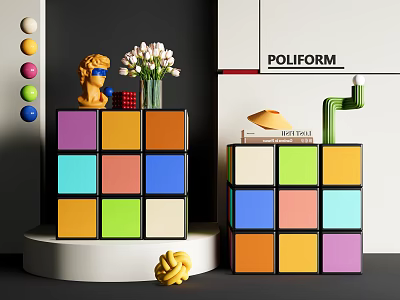 Colorful Block Pattern Nightstand with Flower Vase Lion Ornament Book and Yellow Knit Decor 3d model