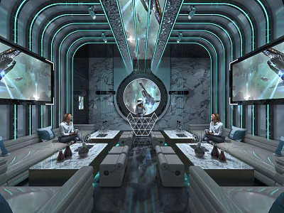 Stylish Modern KTV Lounge With Comfortable Sofas Large Screens Circular Window And Futuristic Lighting Design 3d model