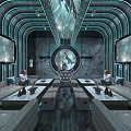 Stylish Modern KTV Lounge With Comfortable Sofas Large Screens Circular Window And Futuristic Lighting Design