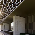 Modern Outdoor Pergola With Lattice Roof Stone Columns Water Feature And Lawn