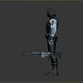 3D Game Movie Character in Dark Blue Combat Suit with Tech Accents and Weapon Accessories
