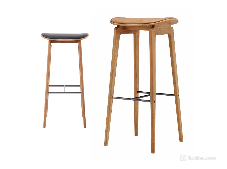 Modern Wooden Bar Stools With Black Upholstered And Natural Wood Seats 3d model 