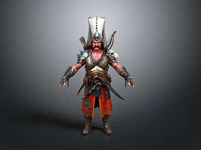 Man In Ancient Warrior Armor With Ornate Details Tall Headdress And Red Orange Pants 3d model