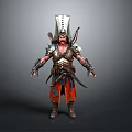 Man In Ancient Warrior Armor With Ornate Details Tall Headdress And Red Orange Pants