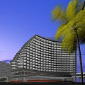 Modern Hotel Buildings Featuring Curved Facades by Marina with Yachts and Water Reflections