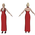 Game Movie Character In Red Long Dress With Open Back Gold Hair And High Heels