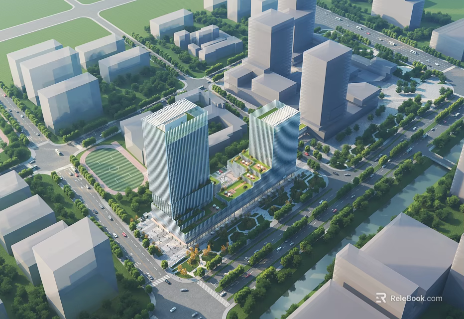 Aerial View Planning for Modern Urban Development with High Rise Buildings Roads and Green Spaces 3d model 