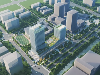 Aerial View Planning for Modern Urban Development with High Rise Buildings Roads and Green Spaces 3d model