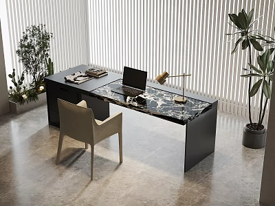 Modern Home Office Desk With Marble Top Laptop Lamp Chair And Plants 3d model