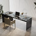 Modern Home Office Desk With Marble Top Laptop Lamp Chair And Plants