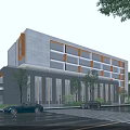 Modern Office Building Exterior With Glass Facade Metal Accents Trees Along Street And Parked Cars