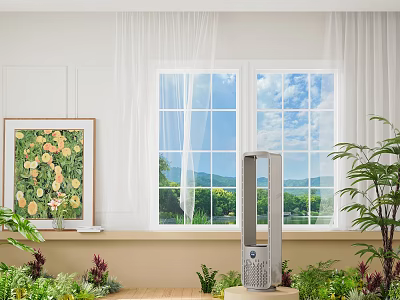Tower Air Cooler Fan in Bright Indoor Garden with Green Plants and Scenic Window View 3d model