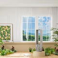Tower Air Cooler Fan in Bright Indoor Garden with Green Plants and Scenic Window View