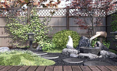 Japanese style courtyard Zen dry landscape courtyard landscape water bowl flowing water sketch stone Tingbu wooden fence landscape tree plant landscape 3d model