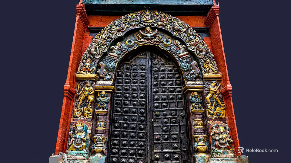 Intricately Carved Black Entrance Gate With Red Brick Walls And Colorful Decorations 3d model 