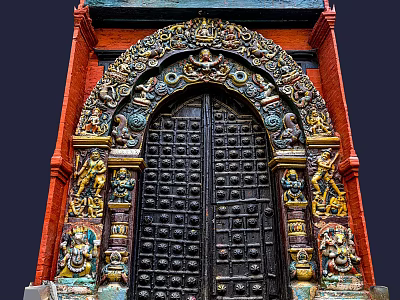 Intricately Carved Black Entrance Gate With Red Brick Walls And Colorful Decorations 3d model