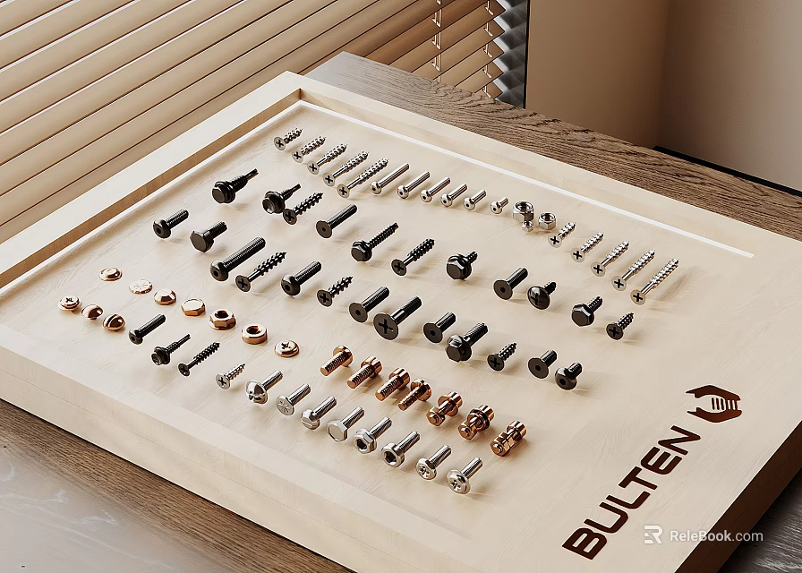 BULTEN Assorted Hardware Tools Including Screws Bolts And Nuts In Wooden Tray 3d model 