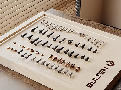 BULTEN Assorted Hardware Tools Including Screws Bolts And Nuts In Wooden Tray 3d model