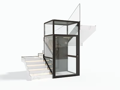 Modern Glass Enclosed Elevator With Black Frame And Staircase In Contemporary Design 3d model