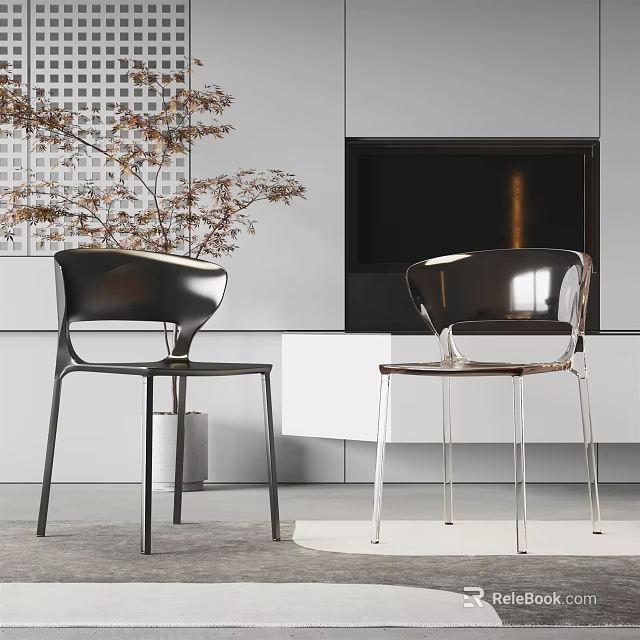 Modern Black And Transparent Leisure Chairs In Living Room With Fireplace Cabinet And Plant 3d model 