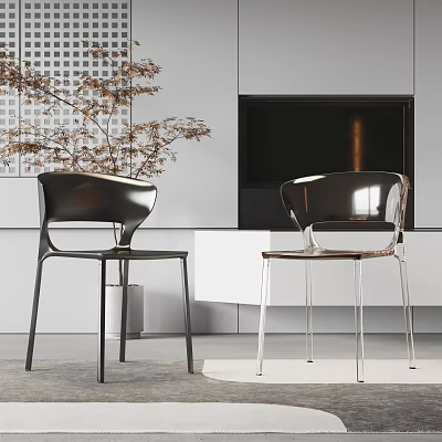 Modern Black And Transparent Leisure Chairs In Living Room With Fireplace Cabinet And Plant 3d model