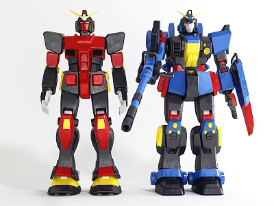 Smart Robot Mecha Figures With Red Blue Armor And Yellow Accents 3d model