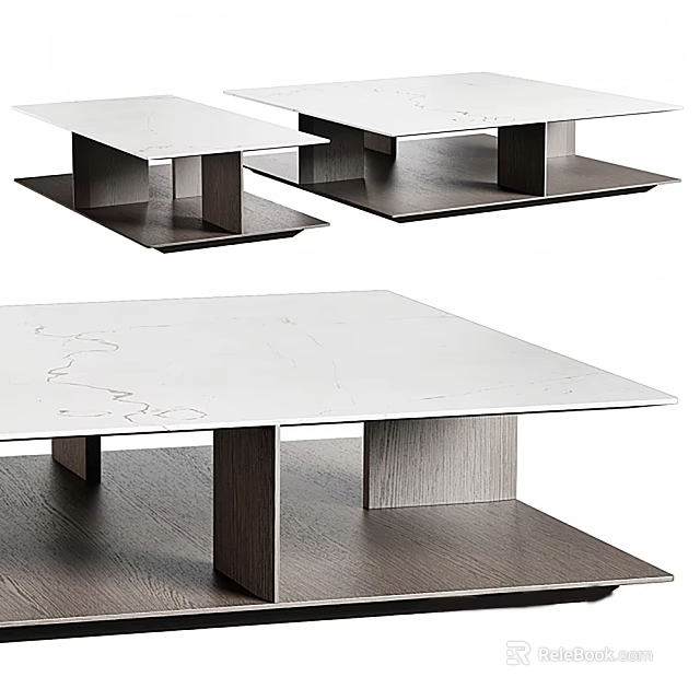 Modern Coffee Table With Sleek White Marble Surface And Wooden Lower Shelf 3d model 