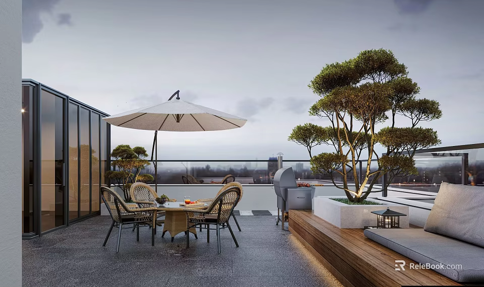 Modern Villa Balcony With Outdoor Dining Set Umbrella Potted Tree Wooden Bench And City View 3d model 