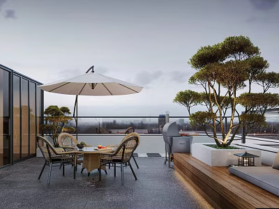 Modern Villa Balcony With Outdoor Dining Set Umbrella Potted Tree Wooden Bench And City View 3d model